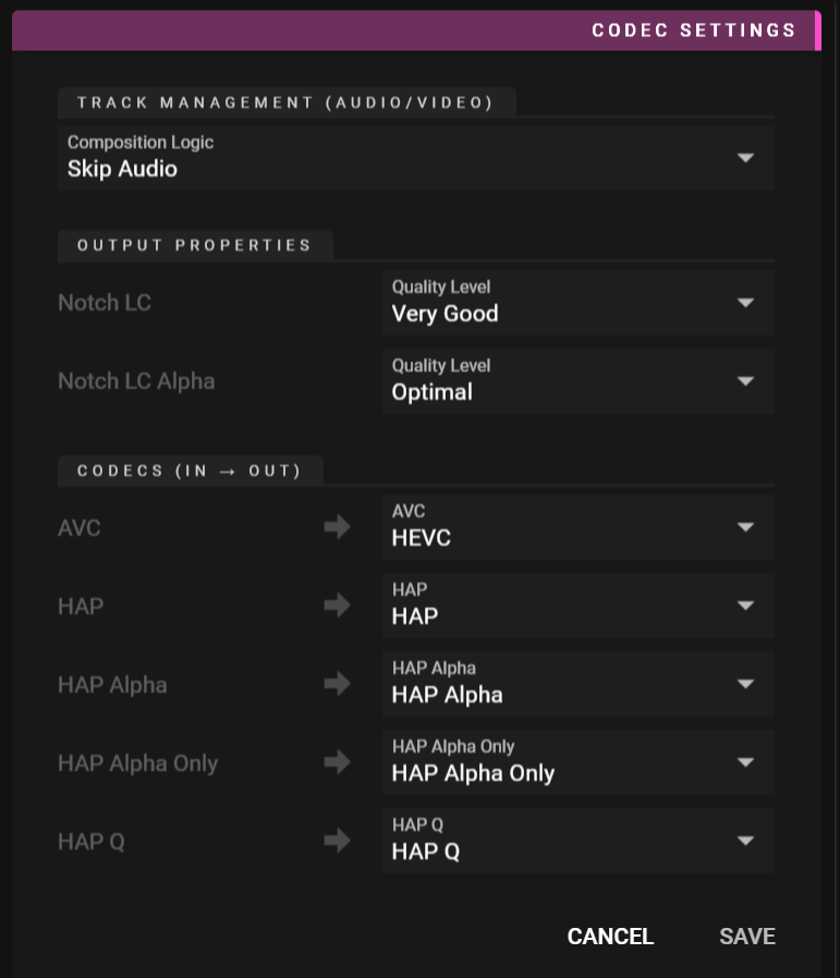 Codec Settings Dialog