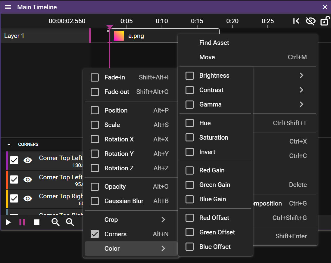 Effect menu options
